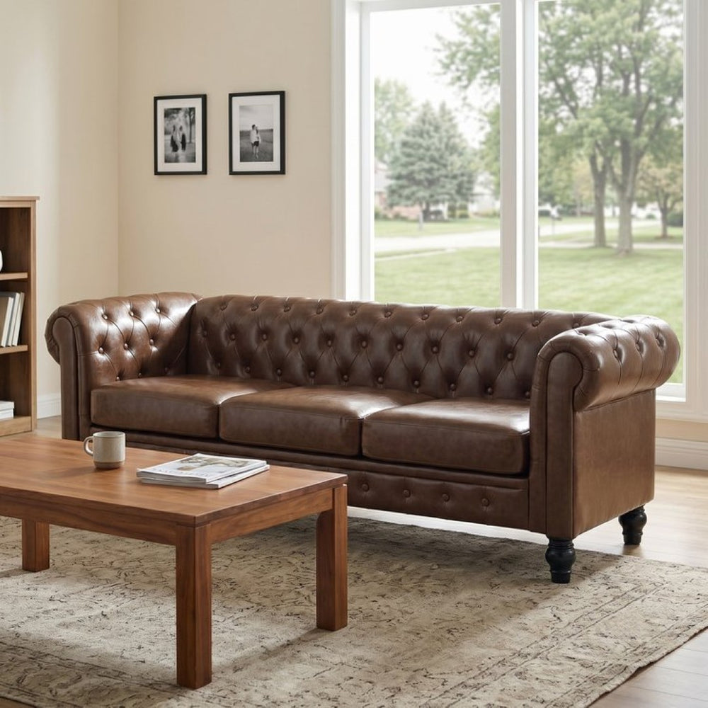 English Elm Fx-p80pb-pubr Button Tufted Sofa Pu Leather Plush Seat Traditional Living Room W576P513112