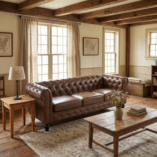 English Elm Fx-p80pb-pubr Button Tufted Sofa Pu Leather Plush Seat Traditional Living Room W576P513112