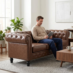 English Elm Fx-p80pb-pubr Button Tufted Sofa Pu Leather Plush Seat Traditional Living Room W576P513112