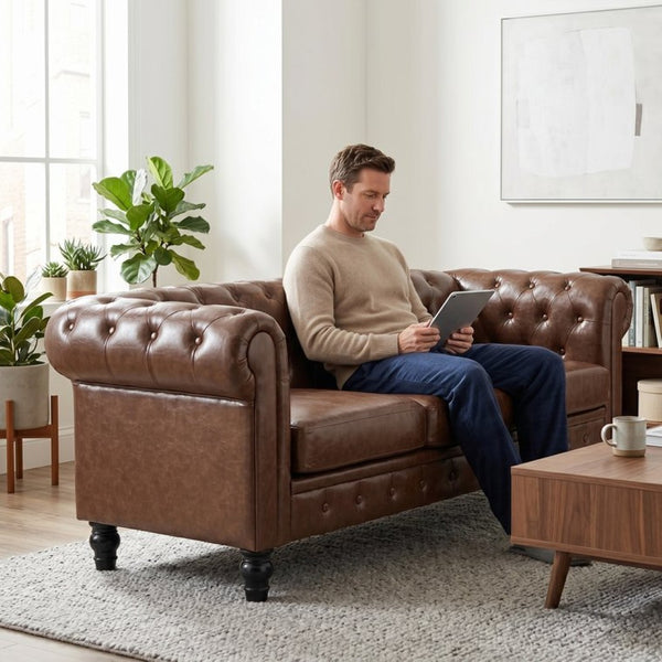English Elm Fx-p80pb-pubr Button Tufted Sofa Pu Leather Plush Seat Traditional Living Room W576P513112