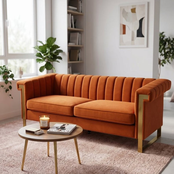 English Elm Fx-P81b-Or(834-18 Velvet Chesterfield Sofa with Channel Tufting and Gold Leg Glam W576P523050