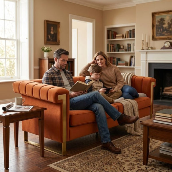 English Elm Fx-P81b-Or(834-18 Velvet Chesterfield Sofa with Channel Tufting and Gold Leg Glam W576P523050