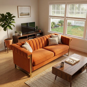 English Elm Fx-P81b-Or(834-18 Velvet Chesterfield Sofa with Channel Tufting and Gold Leg Glam W576P523050