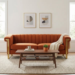 English Elm Fx-P81b-Or(834-18 Velvet Chesterfield Sofa with Channel Tufting and Gold Leg Glam W576P523050