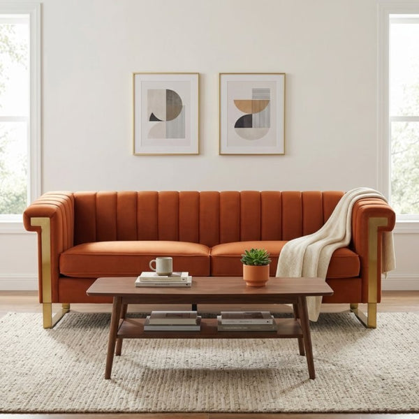 English Elm Fx-P81b-Or(834-18 Velvet Chesterfield Sofa with Channel Tufting and Gold Leg Glam W576P523050