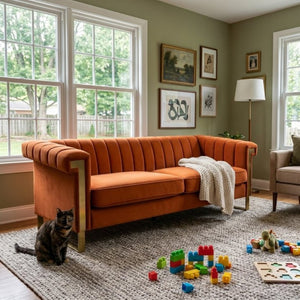 English Elm Fx-P81b-Or(834-18 Velvet Chesterfield Sofa with Channel Tufting and Gold Leg Glam W576P523050