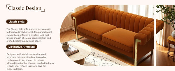 English Elm Fx-P81b-Or(834-18 Velvet Chesterfield Sofa with Channel Tufting and Gold Leg Glam W576P523050