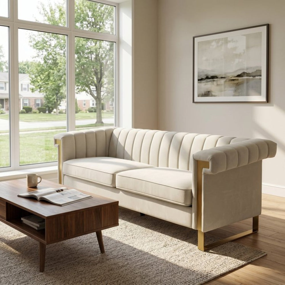 English Elm Fx-p81b-cw Black Velvet Sofa with Channel Tufting Gold Legs Glam Living Room Cream White W576P523909