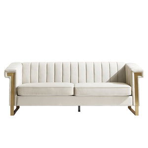 English Elm Fx-p81b-cw Black Velvet Sofa with Channel Tufting Gold Legs Glam Living Room Cream White W576P523909