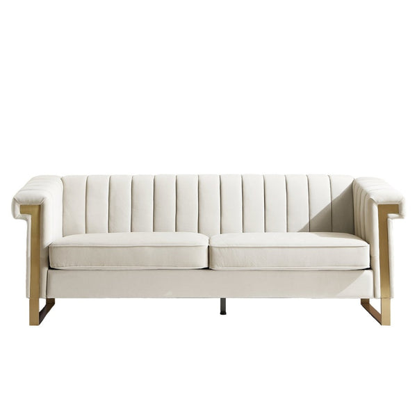 English Elm Fx-p81b-cw Black Velvet Sofa with Channel Tufting Gold Legs Glam Living Room Cream White W576P523909