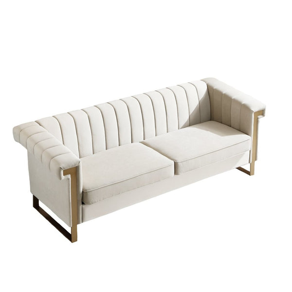 English Elm Fx-p81b-cw Black Velvet Sofa with Channel Tufting Gold Legs Glam Living Room Cream White W576P523909