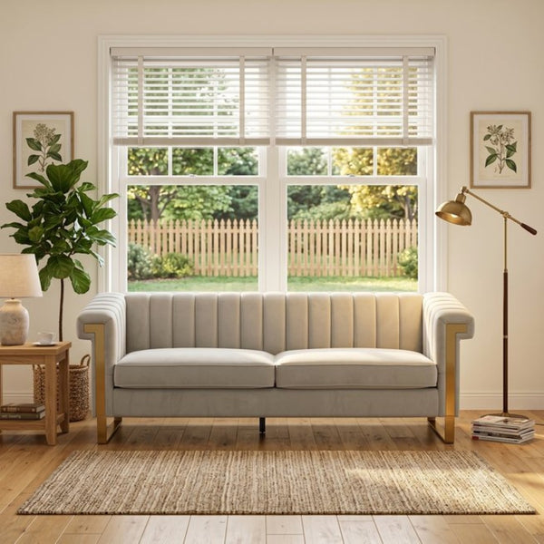 English Elm Fx-p81b-cw Black Velvet Sofa with Channel Tufting Gold Legs Glam Living Room Cream White W576P523909