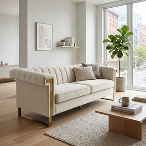 English Elm Fx-p81b-cw Black Velvet Sofa with Channel Tufting Gold Legs Glam Living Room Cream White W576P523909