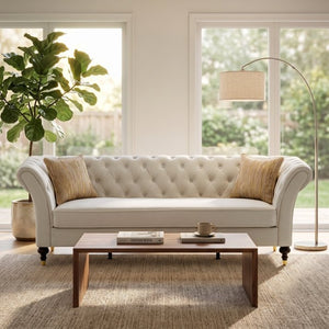 English Elm Fx-P31-Cw Chesterfield Sofa Button Tufted Three Seat Couch with Rolled Arms Solid Wood Legs W576P531269