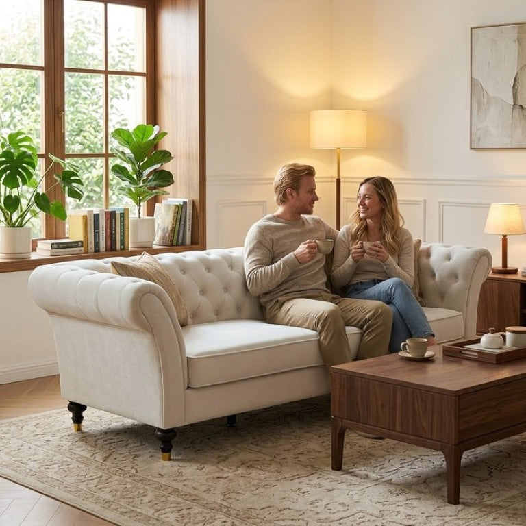English Elm Fx-P31-Cw Chesterfield Sofa Button Tufted Three Seat Couch with Rolled Arms Solid Wood Legs W576P531269