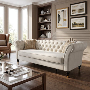 English Elm Fx-P31-Cw Chesterfield Sofa Button Tufted Three Seat Couch with Rolled Arms Solid Wood Legs W576P531269