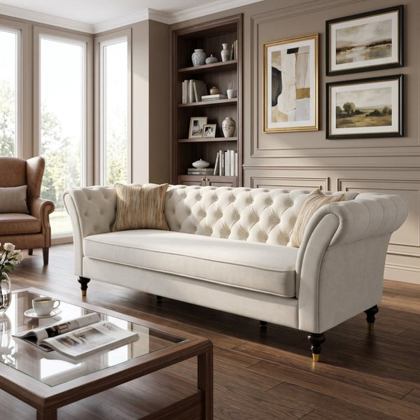 English Elm Fx-P31-Cw Chesterfield Sofa Button Tufted Three Seat Couch with Rolled Arms Solid Wood Legs W576P531269