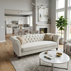 English Elm Fx-P31-Cw Chesterfield Sofa Button Tufted Three Seat Couch with Rolled Arms Solid Wood Legs W576P531269