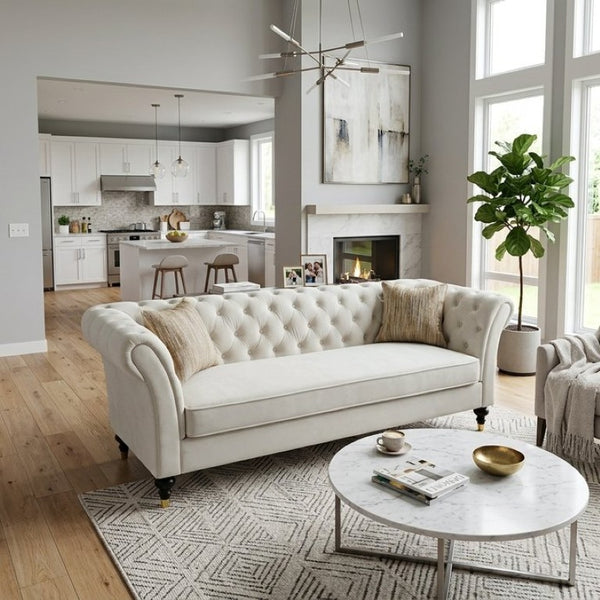 English Elm Fx-P31-Cw Chesterfield Sofa Button Tufted Three Seat Couch with Rolled Arms Solid Wood Legs W576P531269