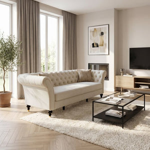 English Elm Fx-P31-Cw Chesterfield Sofa Button Tufted Three Seat Couch with Rolled Arms Solid Wood Legs W576P531269
