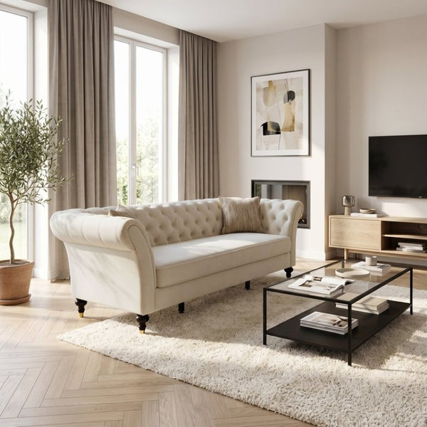 English Elm Fx-P31-Cw Chesterfield Sofa Button Tufted Three Seat Couch with Rolled Arms Solid Wood Legs W576P531269
