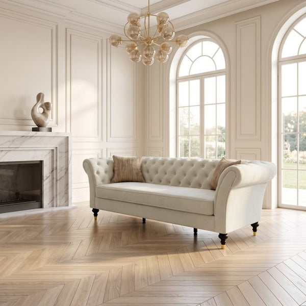 English Elm Fx-P31-Cw Chesterfield Sofa Button Tufted Three Seat Couch with Rolled Arms Solid Wood Legs W576P531269