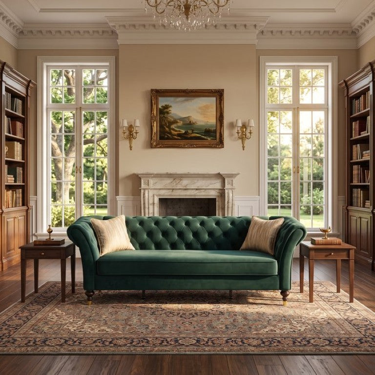English Elm Fx-P31-Rg Emerald Velvet Chesterfield Sofa Tufted 3-Seater with Brass Accent Legs W576P531288