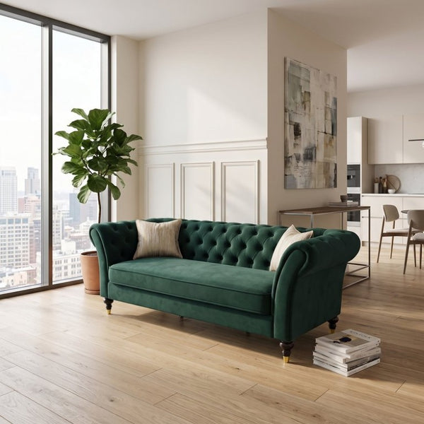 English Elm Fx-P31-Rg Emerald Velvet Chesterfield Sofa Tufted 3-Seater with Brass Accent Legs W576P531288