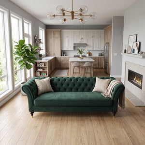 English Elm Fx-P31-Rg Emerald Velvet Chesterfield Sofa Tufted 3-Seater with Brass Accent Legs W576P531288