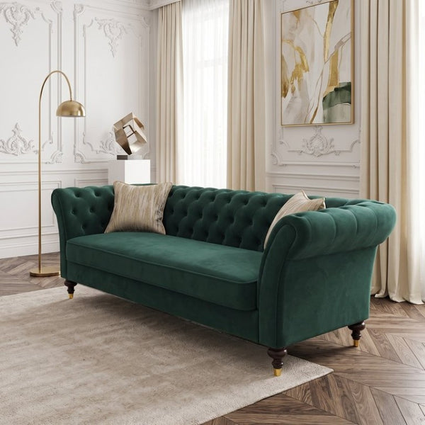 English Elm Fx-P31-Rg Emerald Velvet Chesterfield Sofa Tufted 3-Seater with Brass Accent Legs W576P531288