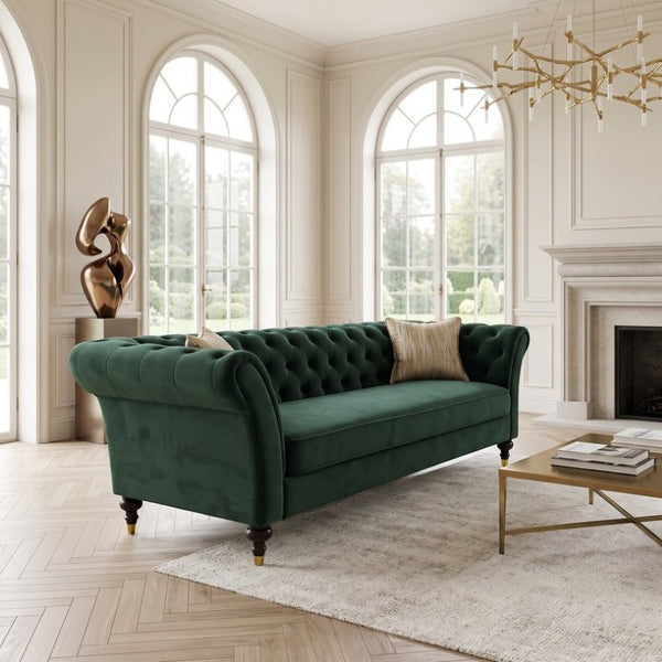 English Elm Fx-P31-Rg Emerald Velvet Chesterfield Sofa Tufted 3-Seater with Brass Accent Legs W576P531288