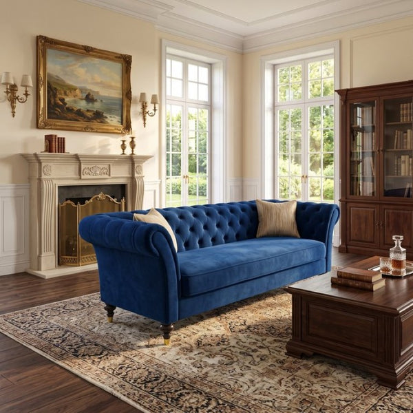 English Elm Fx-P31-Rb Chesterfield Velvet Sofa Tufted Rolled Arms Glam Gold Legs Living Room W576P531293