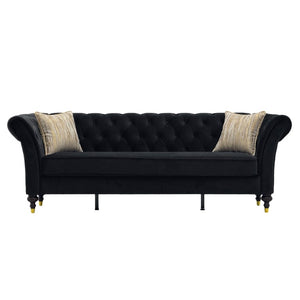 English Elm Fx-P31-Bk Velvet Chesterfield Sofa Tufted Three Seat Couch with Carved Wood Legs W576P531294