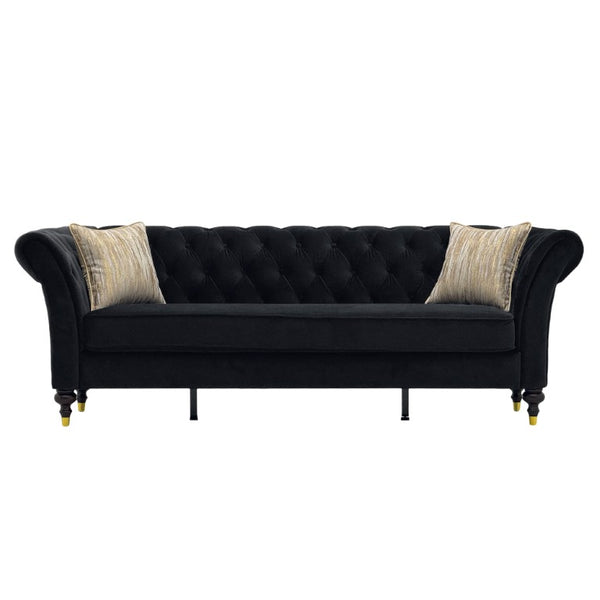 English Elm Fx-P31-Bk Velvet Chesterfield Sofa Tufted Three Seat Couch with Carved Wood Legs W576P531294