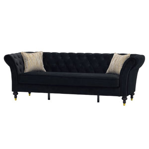 English Elm Fx-P31-Bk Velvet Chesterfield Sofa Tufted Three Seat Couch with Carved Wood Legs W576P531294