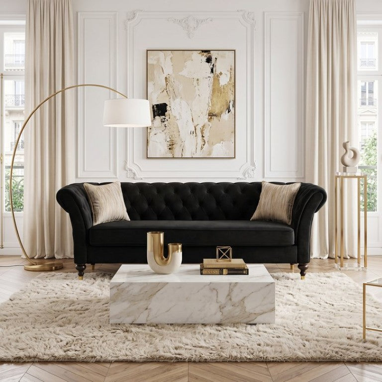 English Elm Fx-P31-Bk Velvet Chesterfield Sofa Tufted Three Seat Couch with Carved Wood Legs W576P531294