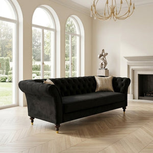 English Elm Fx-P31-Bk Velvet Chesterfield Sofa Tufted Three Seat Couch with Carved Wood Legs W576P531294