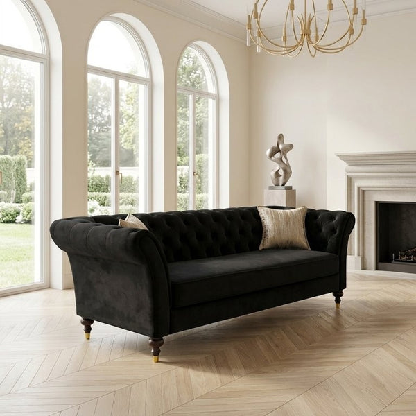 English Elm Fx-P31-Bk Velvet Chesterfield Sofa Tufted Three Seat Couch with Carved Wood Legs W576P531294