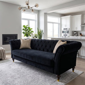 English Elm Fx-P31-Bk Velvet Chesterfield Sofa Tufted Three Seat Couch with Carved Wood Legs W576P531294