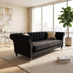 English Elm Fx-P31-Bk Velvet Chesterfield Sofa Tufted Three Seat Couch with Carved Wood Legs W576P531294