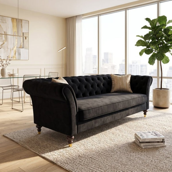 English Elm Fx-P31-Bk Velvet Chesterfield Sofa Tufted Three Seat Couch with Carved Wood Legs W576P531294