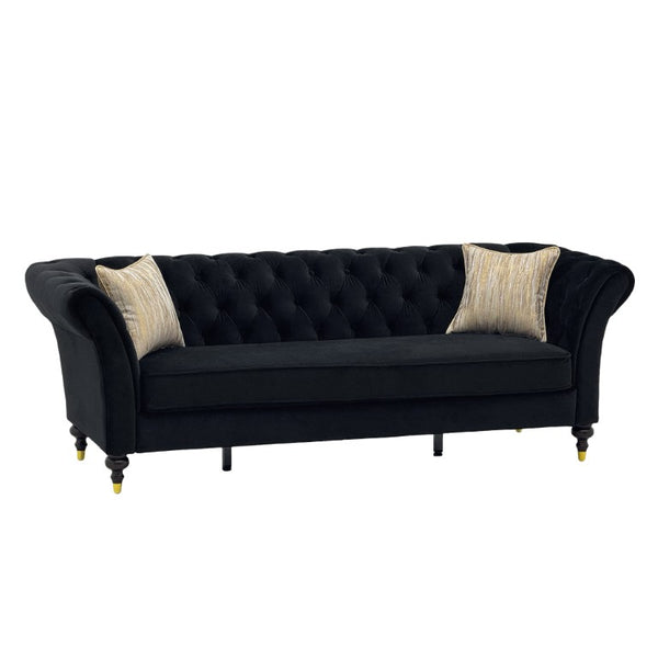 English Elm Fx-P31-Bk Velvet Chesterfield Sofa Tufted Three Seat Couch with Carved Wood Legs W576P531294