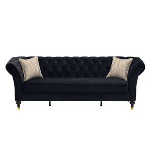 English Elm Fx-P31-Bk Velvet Chesterfield Sofa Tufted Three Seat Couch with Carved Wood Legs W576P531294