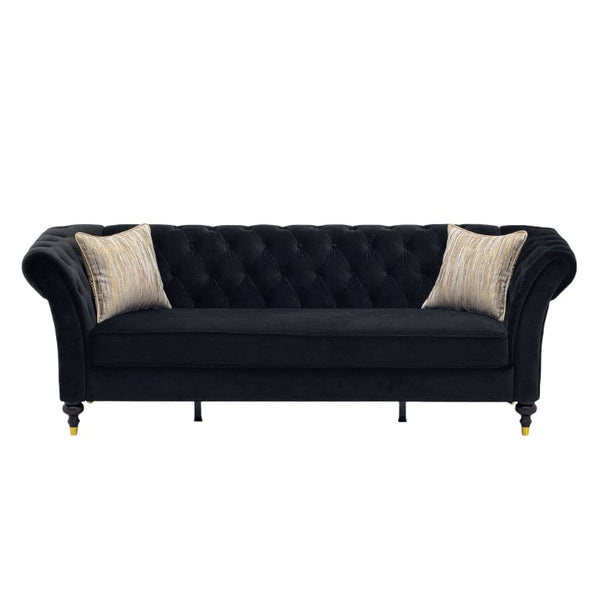 English Elm Fx-P31-Bk Velvet Chesterfield Sofa Tufted Three Seat Couch with Carved Wood Legs W576P531294