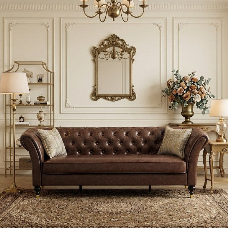 English Elm Fx-P31-Pubr Chesterfield Faux Leather Sofa Button Tufted Rolled Arms Cognac Living Room W576P531298