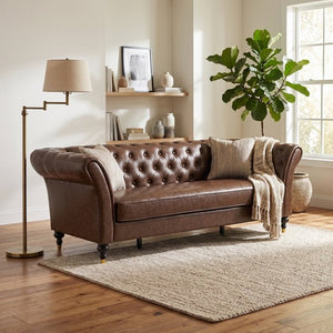 English Elm Fx-P31-Pubr Chesterfield Faux Leather Sofa Button Tufted Rolled Arms Cognac Living Room W576P531298