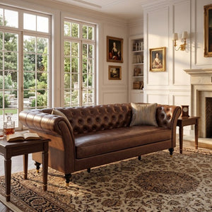 English Elm Fx-P31-Pubr Chesterfield Faux Leather Sofa Button Tufted Rolled Arms Cognac Living Room W576P531298