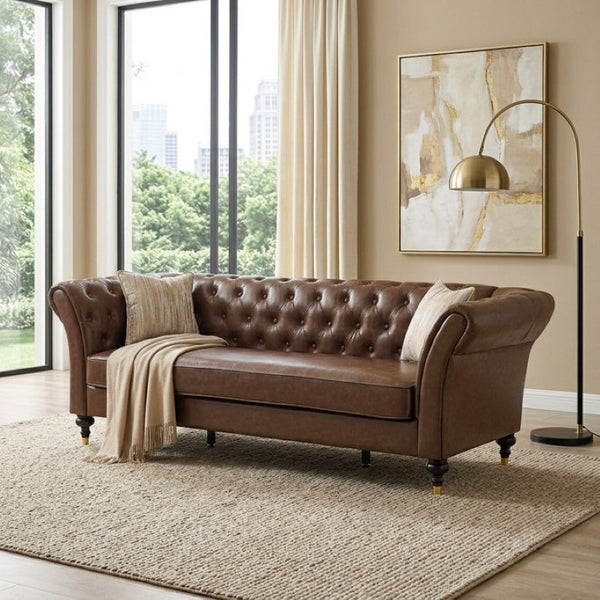 English Elm Fx-P31-Pubr Chesterfield Faux Leather Sofa Button Tufted Rolled Arms Cognac Living Room W576P531298