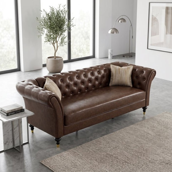 English Elm Fx-P31-Pubr Chesterfield Faux Leather Sofa Button Tufted Rolled Arms Cognac Living Room W576P531298