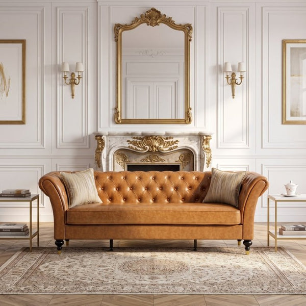 English Elm Fx-P31-Pulb Chesterfield Sofa Faux Leather Tufted 3 Seater with Turned Wood Legs Lounge W576P531299